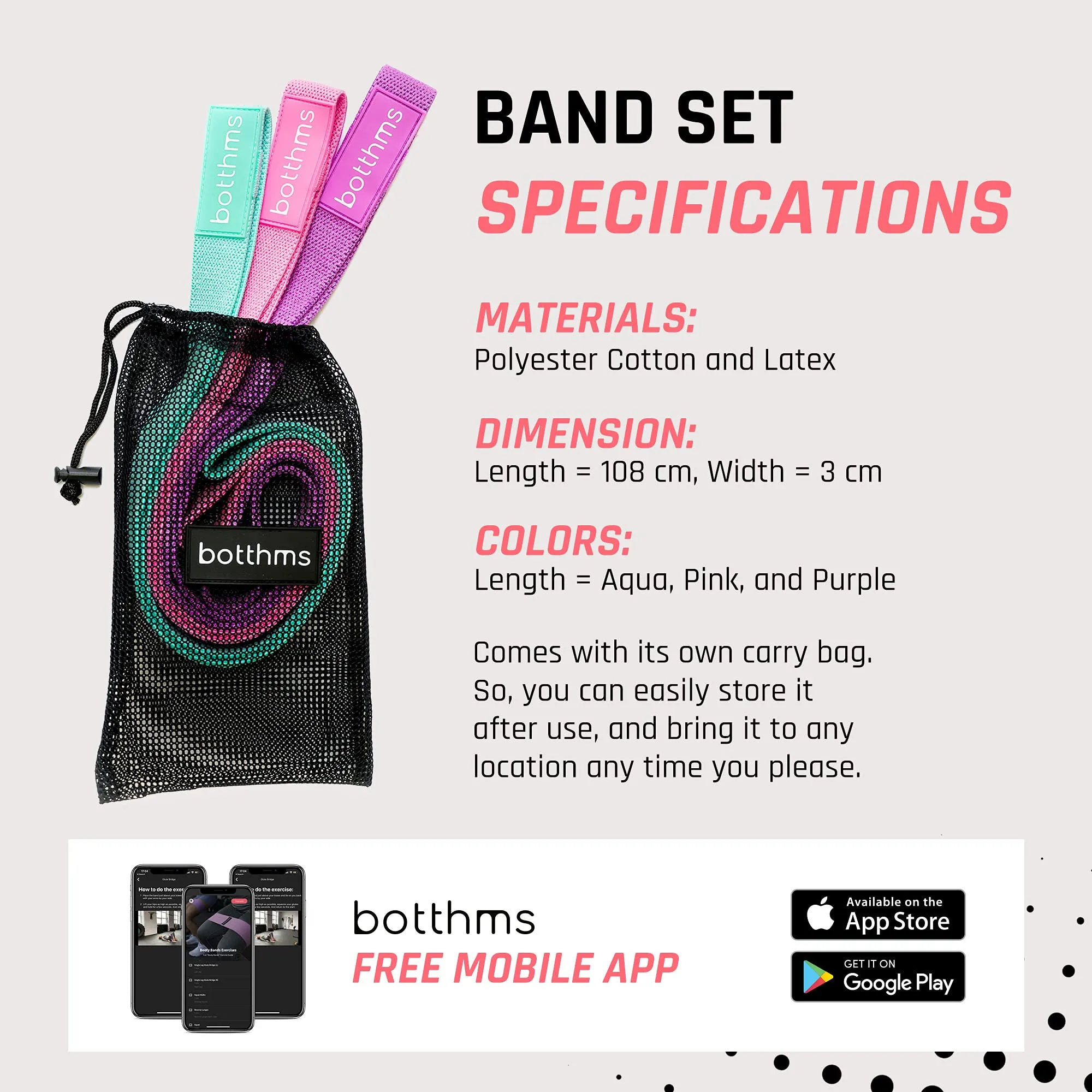 Botthms - Resistance Bands, Exercise Equipment for Home Use, Stretchable Pull Up Band, Aqua, Purple and Pink Workout Bands, Set of 3